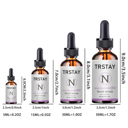 TRSTAY  Nicotinamide (B3)  Facial serum  Using vitamin E+penetration  Hyaluronic acid  Accelerate collagen